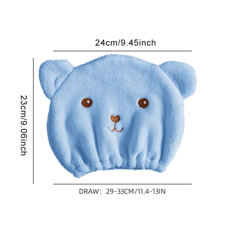 Dry Hair Cap for Women - Soft Absorbent Lightweight, Quick-Drying Thick Microfiber, Cute Bear Embroidery, Shower Head Towel