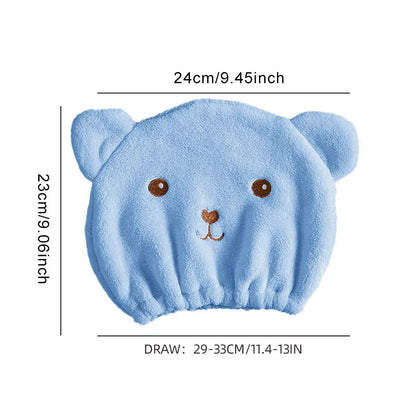 Dry Hair Cap for Women - Soft Absorbent Lightweight, Quick-Drying Thick Microfiber, Cute Bear Embroidery, Shower Head Towel