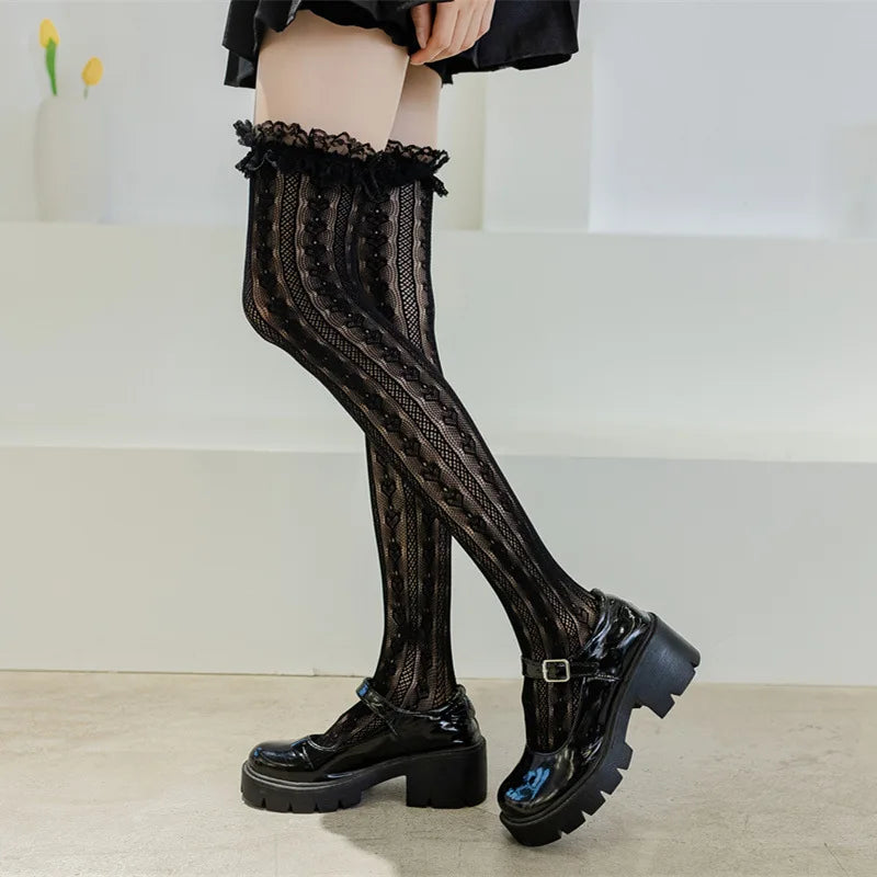 Women Lolita Fishnet Thigh High Socks Japanese Style Heart Striped Lace Patterned Over Knee Long Stockings Ruffled Frilly Kawaii