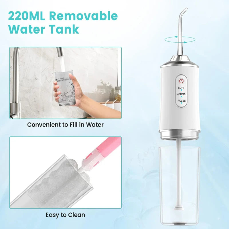 Oral Irrigator, Portable Dental Water Flosser, USB Rechargeable Water Jet Floss, Tooth Pick 4 Jet Tip 220ml 3 Modes