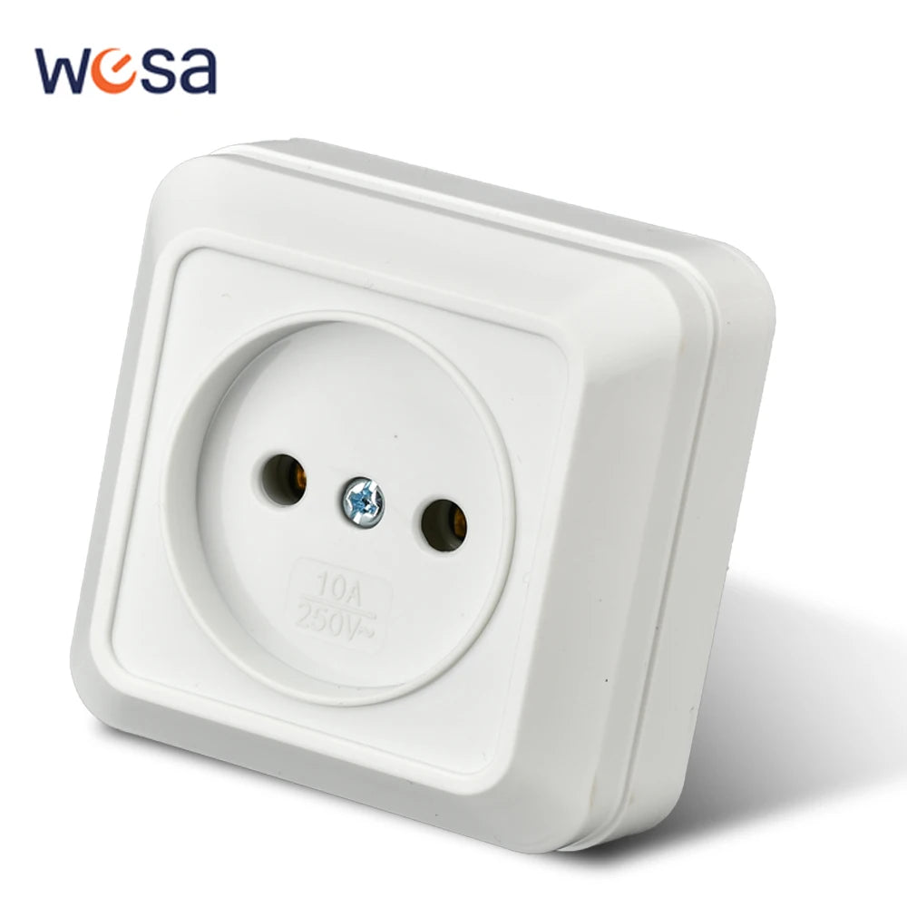 WESA White Wall Mount Socket EU Standard Electrical Outlett Ground Vintage Surface Power Socket Plug Flame Retardant Plastic