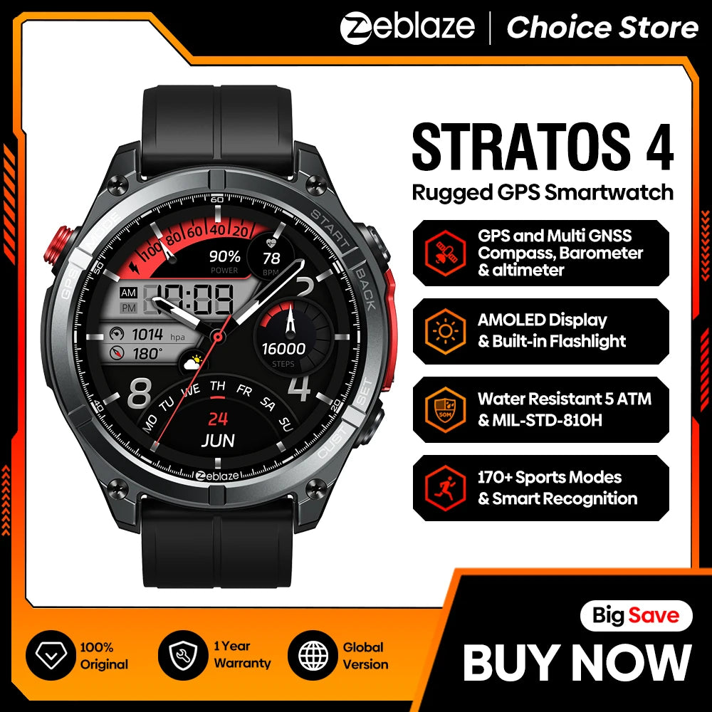 NEW Zeblaze Stratos 4 GPS Smartwatch, 1.43" AMOLED Screen Compass Barometric Altimeter Flashlight Voice Calling Smart Watch