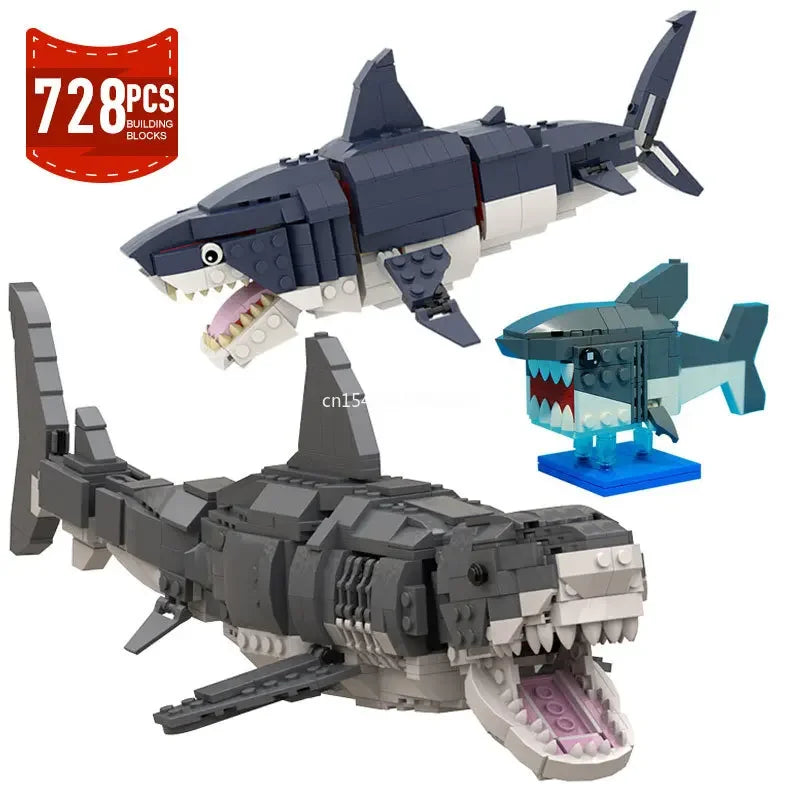 MOC Marine Animals Shark Whale Megalodon Building Blocks Set Deep Sea Rescue Fish Bricks Educational Assembly Model Toys Gifts