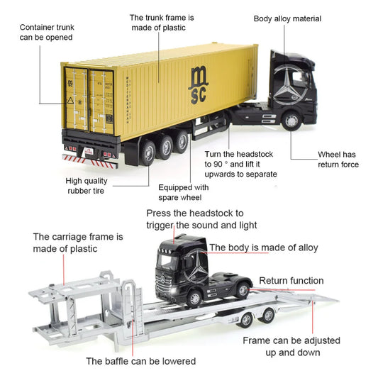 1:50 Diecast Alloy Truck Head Model Toy, Container Truck Pull Back With Light Engineering, Transport Vehicle Boy Toys For Children