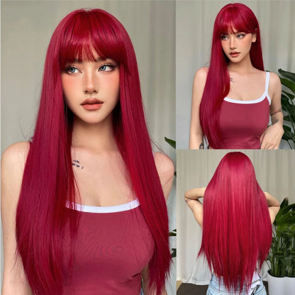 White Long Straight Synthetic Wigs for Women, Colorful Cosplay Party Fake Hair with Bangs, White Wig, HighTemperature Fiber, HENRY MARGU