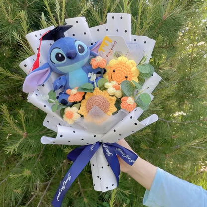 Auténticas muñecas de peluche Amine Stitch con girasoles, rosas, ramos creativos, regalos para Navidad, cumpleaños, graduación y San Valentín
