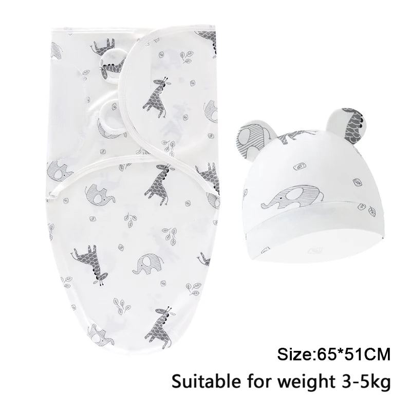 Baby Blanket Hat Set, Cartoon Printed Cotton Newborn Swaddle, Adjustable Infant Sleeping Swaddle Wraps, All Seasons, 0-6 Months