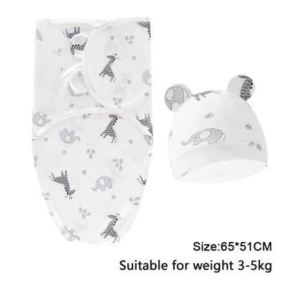 Baby Blanket Hat Set, Cartoon Printed Cotton Newborn Swaddle, Adjustable Infant Sleeping Swaddle Wraps, All Seasons, 0-6 Months