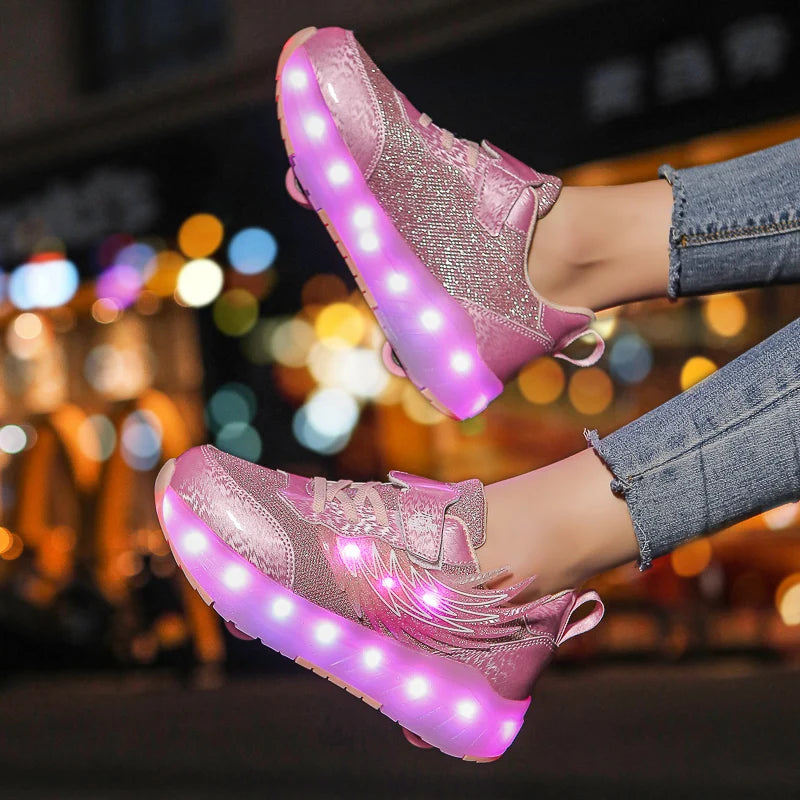 Boys Girls Roller Shoes LED Light Up USB Charging Children Roller Skate Casual Skateboarding Shoes Sports Shoes Kids Sneakers