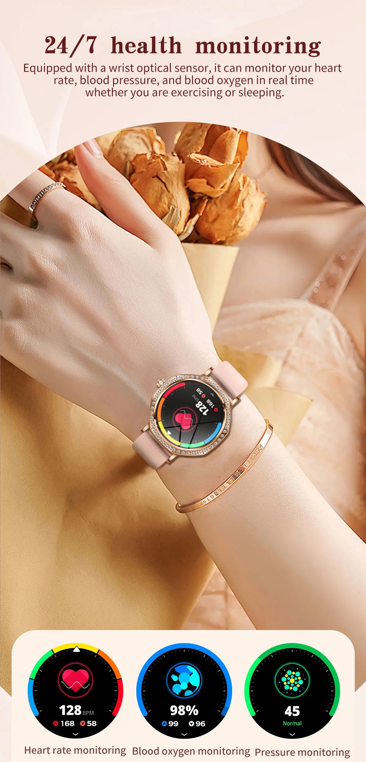 Luxury Women's Smartwatches Diamond Dial Fashion Smart Watch Heart Rate Monitor Sleep Tracking IP67 Waterproof For Android & IOS