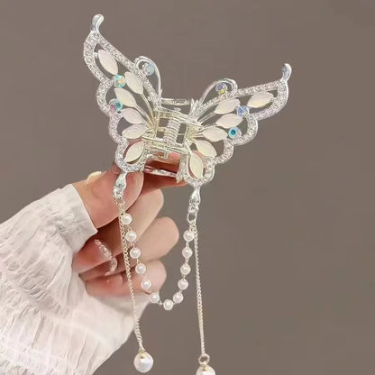 Glitter Shark Grip Clips Korean Style Sweet Romantic Hair Claws Butterfly Shape Girls Pearl Tassel Metal Jewelry Hair Accessory
