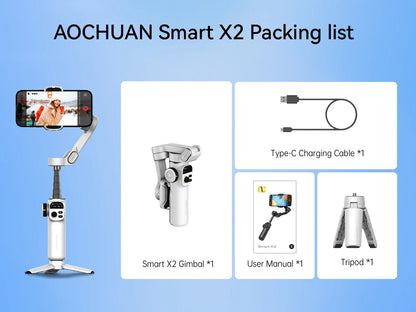 AOCHUAN Smart X2 Handheld Gimbal 3-Axis Stabilizer Built-in 20cm Extension Rod LED Display Phone Holder for iPhone Smartphone