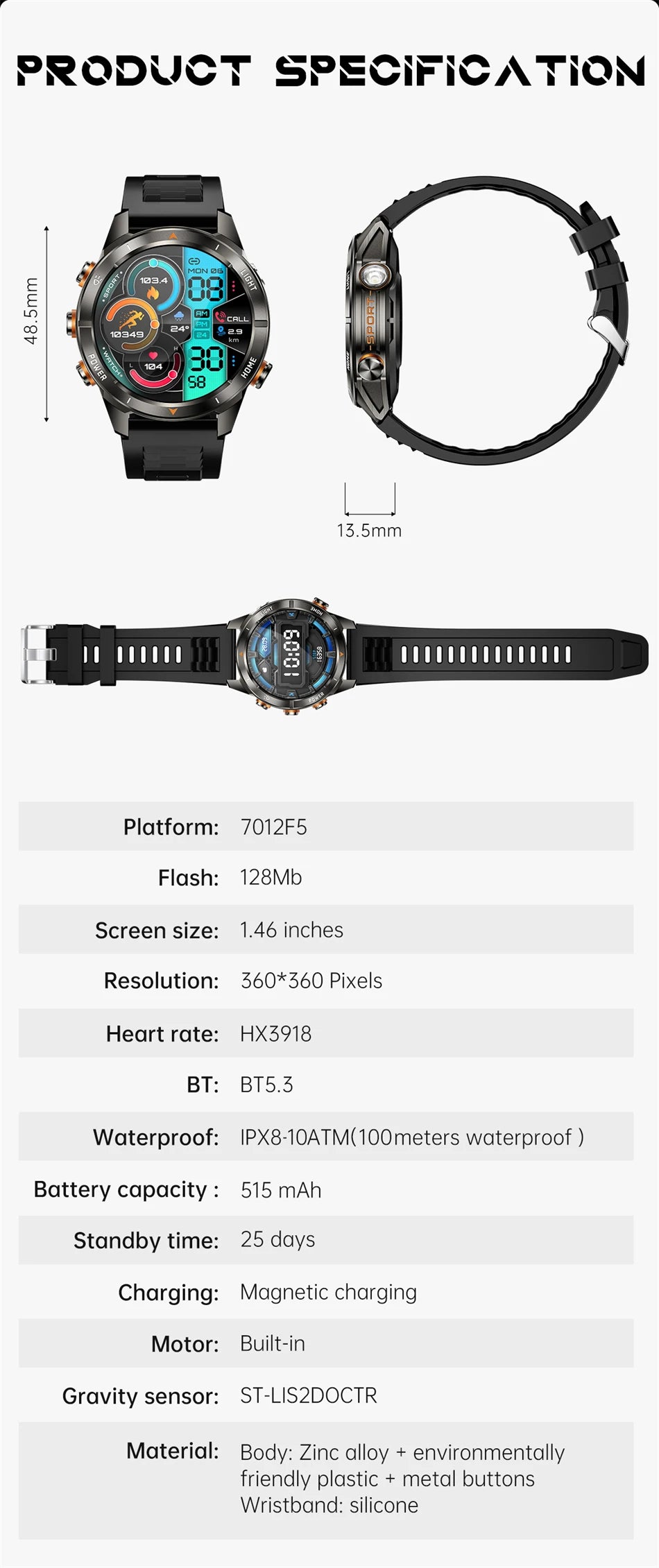 New Outdoor Sport Smart Watch, For Men, 1.46" AMOLED Screen LED, Flashlight, 515mAh Battery, 10ATM Waterproof, Bluetooth Call Smartwatch