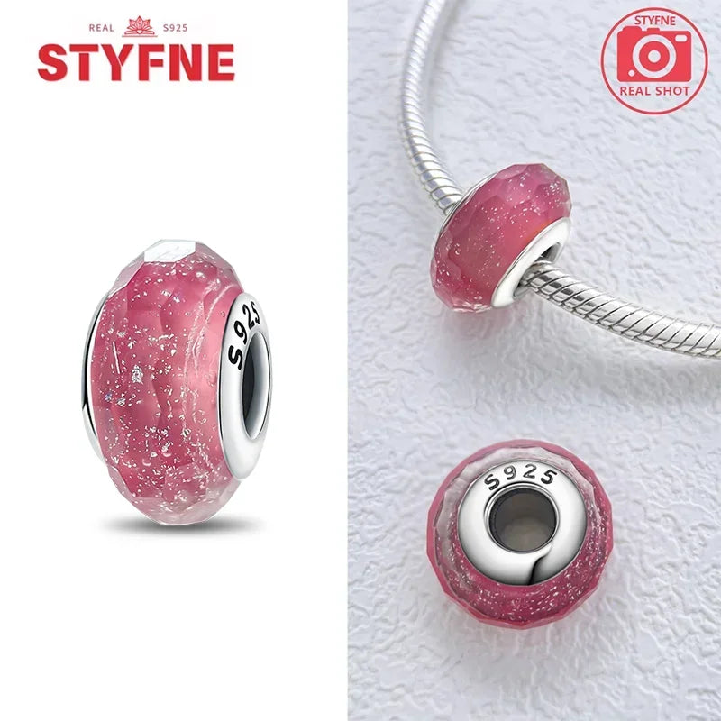 925 Sterling Silver Pink Color Series Beads Heart Flower Murano Glass DIY Jewelry Charms Fit Original Bracelet for Women Fine Gifts