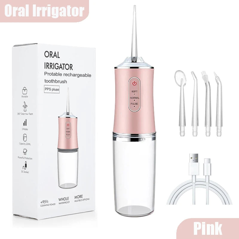 Oral Irrigator, Portable Dental Water Flosser, USB Rechargeable Water Jet Floss, Tooth Pick 4 Jet Tip 220ml 3 Modes