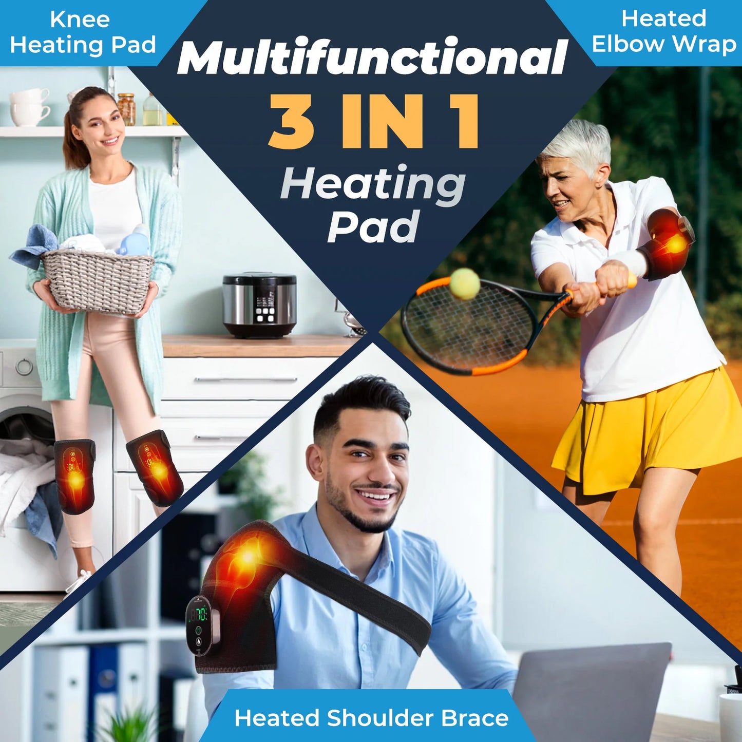 Thermal Knee Massager 3-in-1 Shoulder, Knee, and Elbow Heating Massage Support Brace Rechargeable Vibration Pad Machine Muscle Relaxer