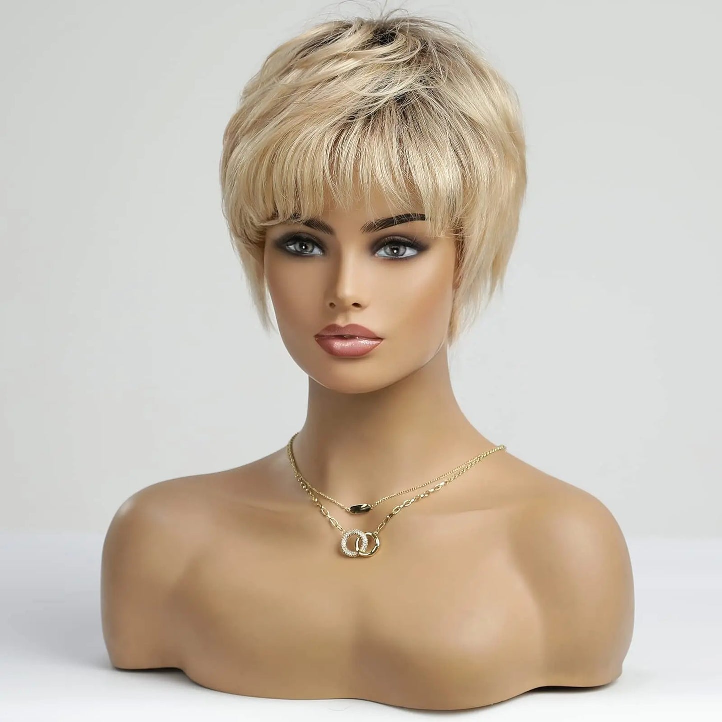 100% Remy Human Hair Wigs, Ombre Blonde Short Bob Pixie Cut Machine Made Wig with Bangs, Human Hair Natural Layered Wigs for Women