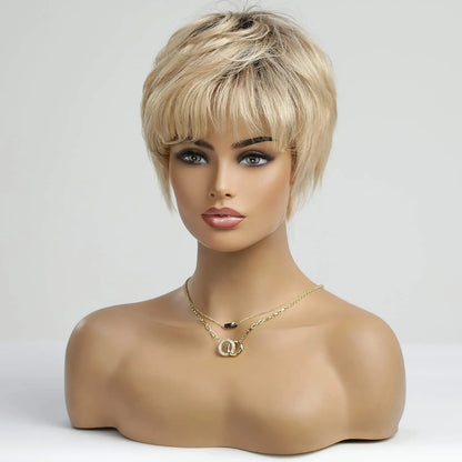 100% Remy Human Hair Wigs, Ombre Blonde Short Bob Pixie Cut Machine Made Wig with Bangs, Human Hair Natural Layered Wigs for Women