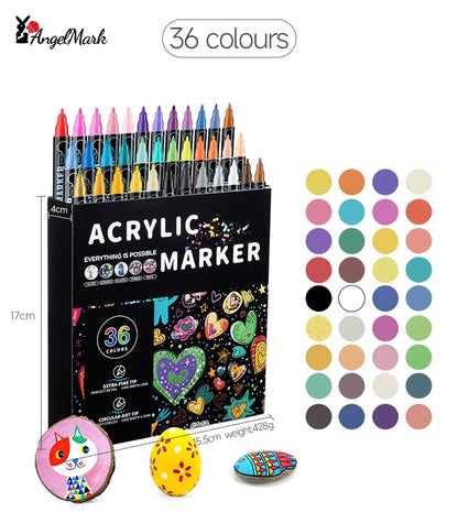 Acrylic Marker Pen, Double Headed Waterproof Art Painting Supplies, School Stationary, Graffiti Drawing 12-72 Colors, ANGEL MARK