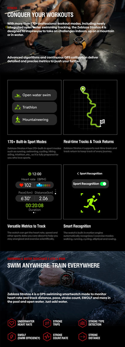 NEW Zeblaze Stratos 4 GPS Smartwatch, 1.43" AMOLED Screen Compass Barometric Altimeter Flashlight Voice Calling Smart Watch