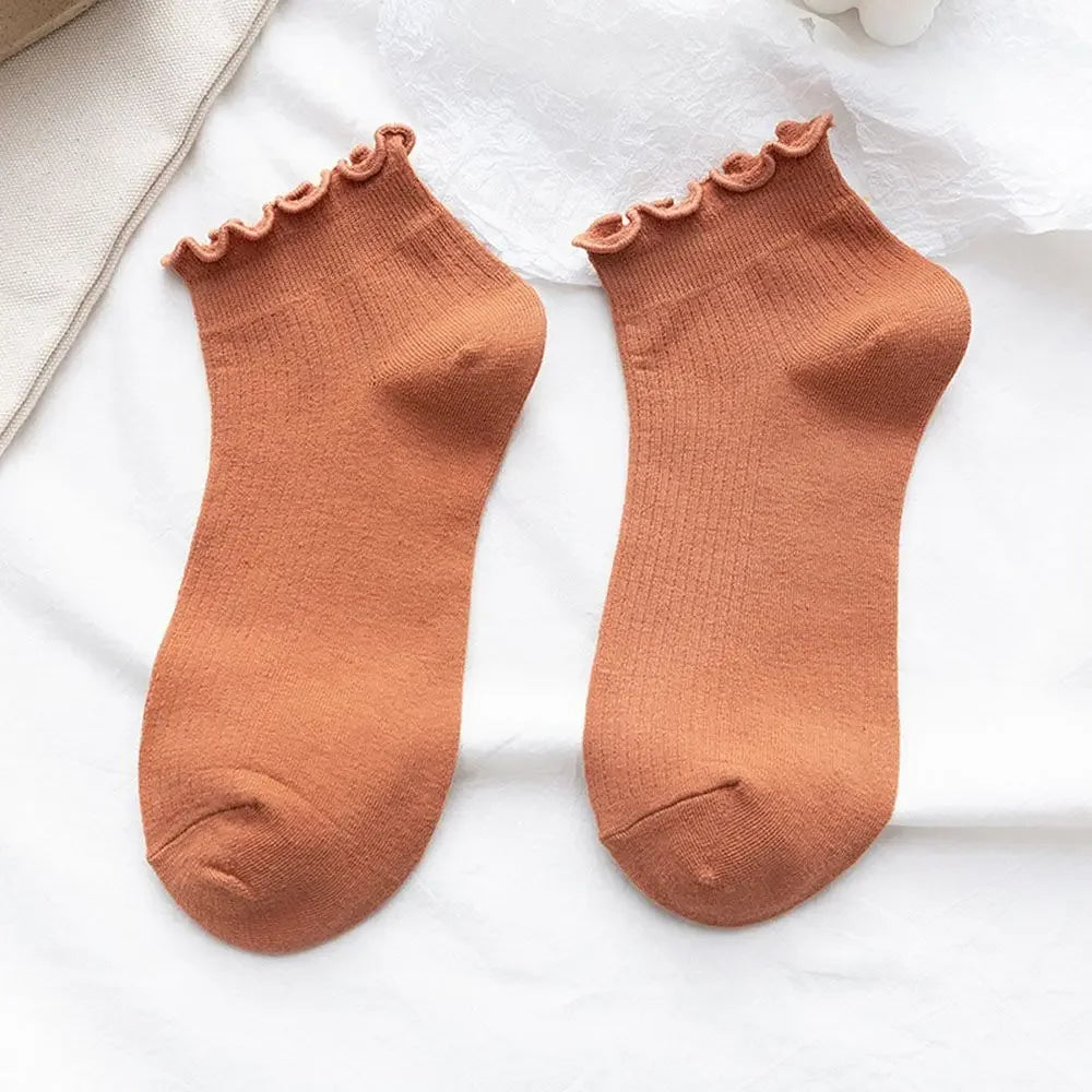 Cotton Women's Socks Frilly Ruffle Socks Spring Summer Casual Ankle Short Boat Socks Loose Knit Solid Color Mid-Calf Socks