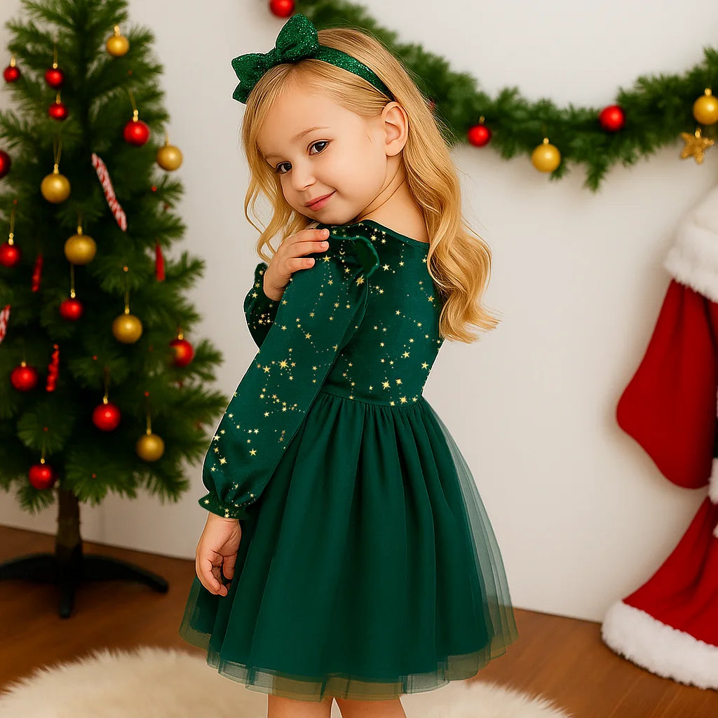 Girl's Autumn Winter Velvet Long-Sleeved Mesh Bow Princess Dress - New Year Children's Party Festive Dress