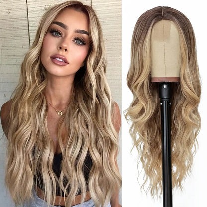 Synthetic Long Lace Wavy Wig for Women 26 Inch Middle Part Curly Natural Looking Heat Resistant Fiber for Daily Party Christmas