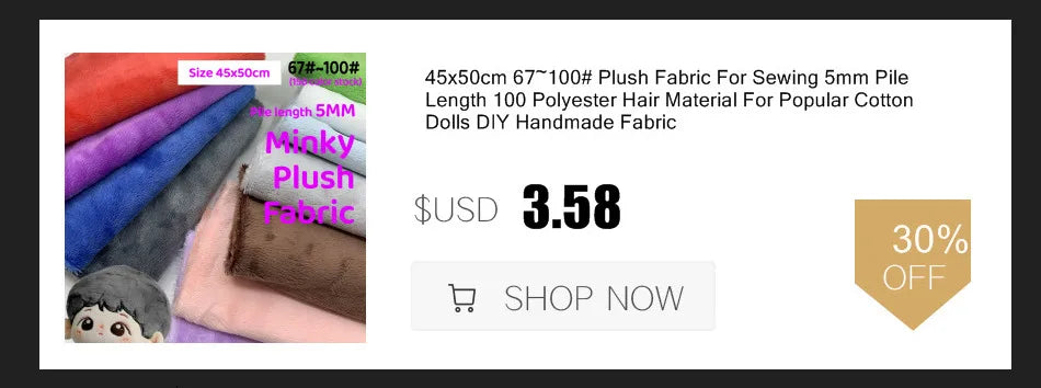 45x50cm 34~66# Plush Fabric For Sewing 5mm Pile Length 100 Polyester Hair Material For Popular Cotton Dolls DIY Handmade Fabric