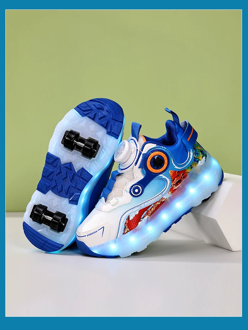 Children Four Wheels Luminous Glowing Sneakers Black Pink Led Light Roller Skate Shoes Kids Led Shoes Boys Girls USB Charging