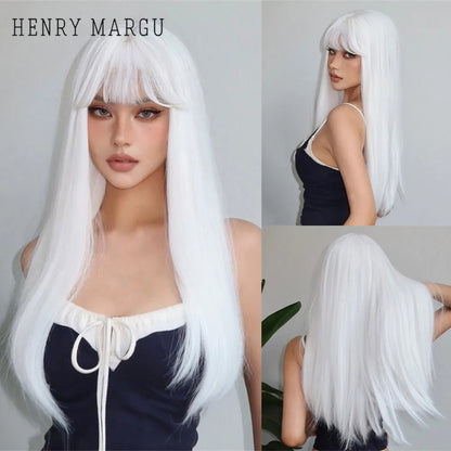 White Long Straight Synthetic Wigs for Women, Colorful Cosplay Party Fake Hair with Bangs, White Wig, HighTemperature Fiber, HENRY MARGU
