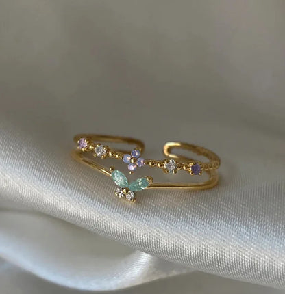 New Cute Colorful Zircon Flower Ring For Women Girl, Fashion Vintage Zircon Adjustable Rings, Jewelry Gift