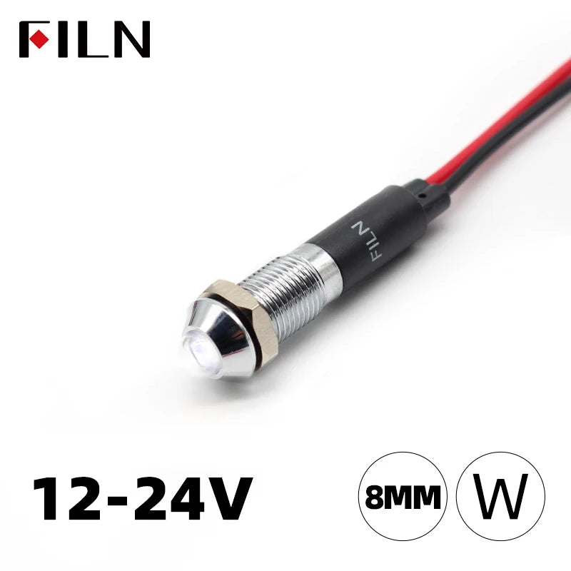 FILN 8mm LED Light Panel Mounted Raised Head LED Light Panel Black Metal Shell Mini 12V 24V 110V 220V With 20cm Cable