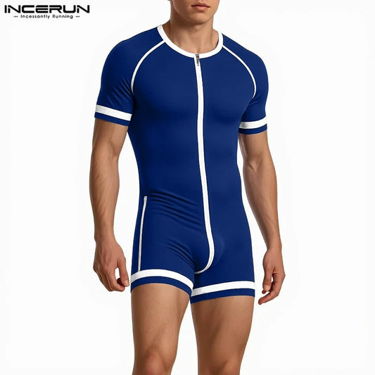 INCERUN Men Bodysuits Patchwork Zipper O-neck Short Sleeve Cozy Male Rompers Playsuits Workout 2025 Fashion Casual Bodysuit Men