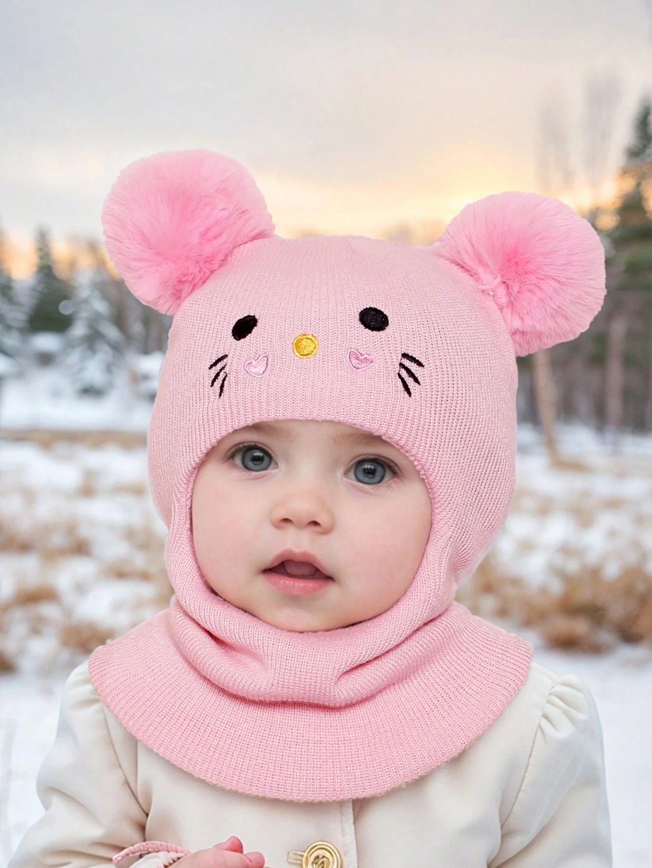 One-piece caps, scarves, and ear protectors for autumn and winter, and embroidered cat headscarves for boys and girls aged 1-6
