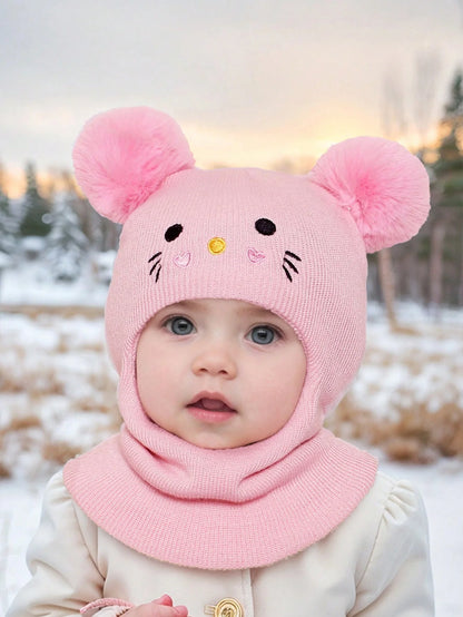 One-piece caps, scarves, and ear protectors for autumn and winter, and embroidered cat headscarves for boys and girls aged 1-6