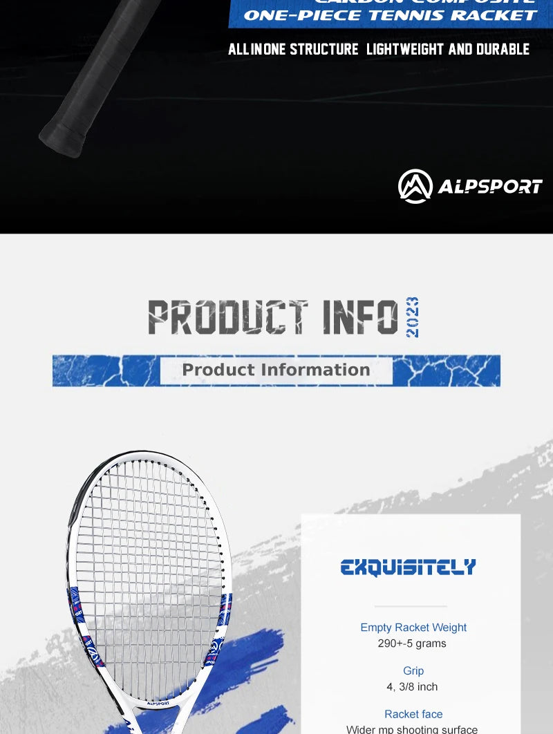 Carbon Fiber Tennis Racket, T800 18K-Professional Grade with Bag&Strap Lightweight Training Racquet for Adults Men&Women, ALPSPORT