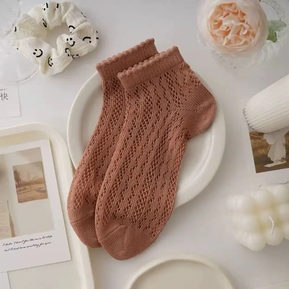 Cotton Women's Socks Frilly Ruffle Socks Spring Summer Casual Ankle Short Boat Socks Loose Knit Solid Color Mid-Calf Socks