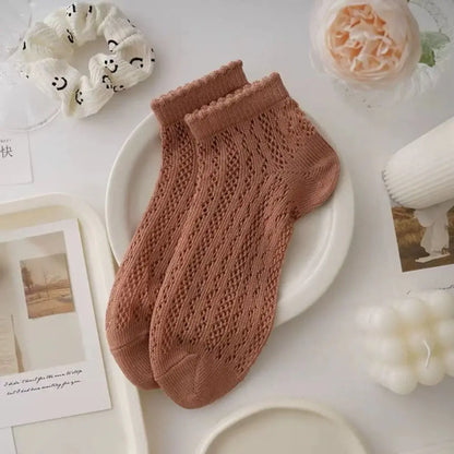 Cotton Women's Socks Frilly Ruffle Socks Spring Summer Casual Ankle Short Boat Socks Loose Knit Solid Color Mid-Calf Socks