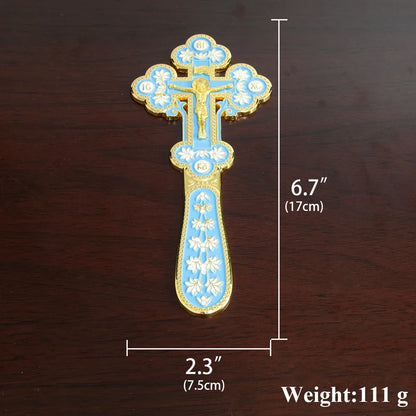 Orthodox Blessing Handheld Church Cross Gold Plated Colorful Enamel Jesus icon, Cross INRI Crucifix Single Face Jesus, HTISOK