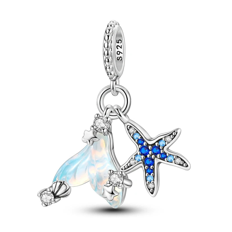 PAMELA 925 Sterling Silver Sea Turtle Starfish Blue Charm Dolphin Octopus Shell Bead For Original Charms Bracelets Ocean Jewelry