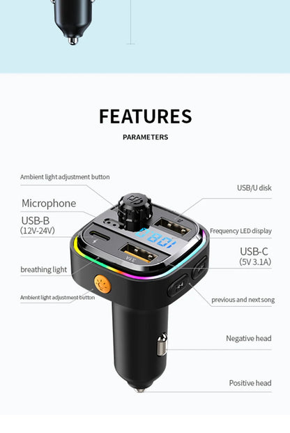Car MP3 Player FM Transmitter Car Charger Type C Bluetooth 5.0 Handsfree Bluetooth Calling Super Quick Charge Adapter for Car