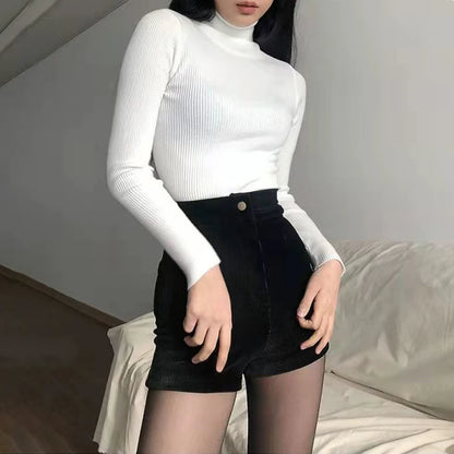 Women's Black Goth Pants Shorts, High Waist Spring Autumn Fashion, Tight Sexy Stretch Y2K Corduroy Female Casual Pants