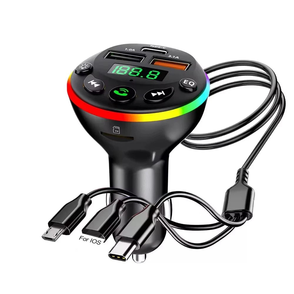 Bluetooth 5.0 FM Transmitter Car MP3 Modulator Player Handsfree Audio Receiver PD+USB Phone Charger With 3 in 1 Charge Cable