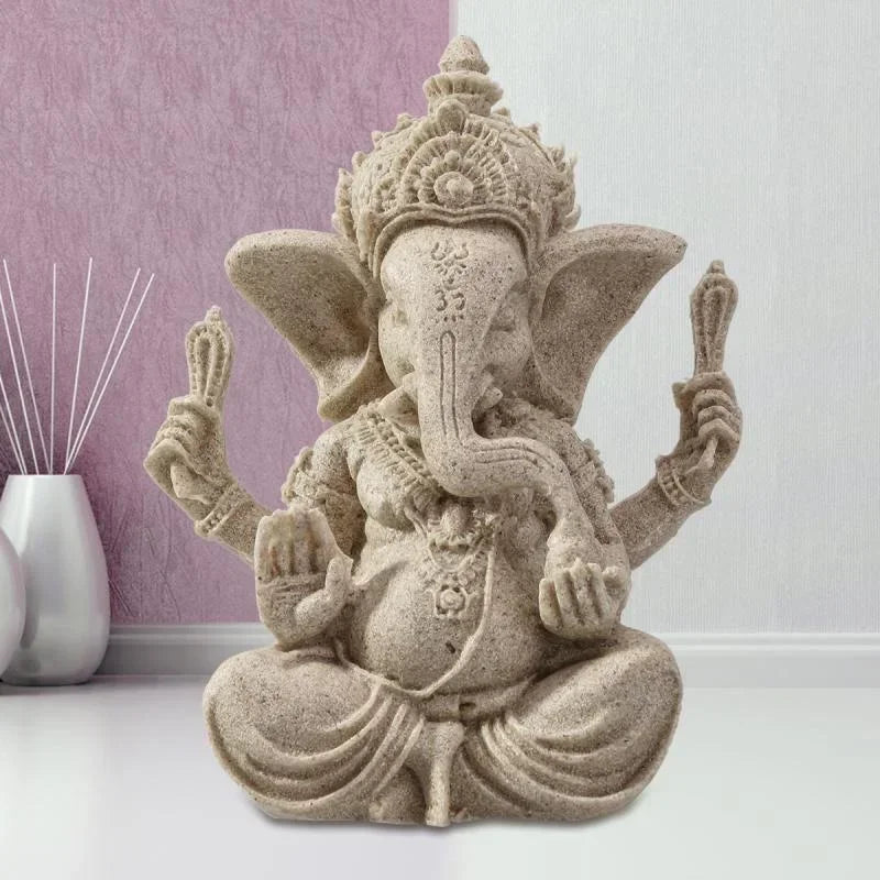Handmade Sandstone Ganesha Buddha Elephant Statue Sculpture Figurine for Home Decoration, Living Room