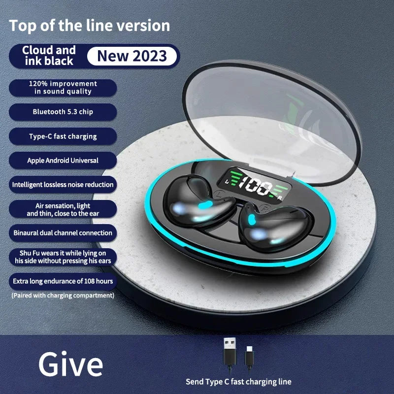 Sleep Wireless Earphone TWS Bluetooth 5.3 Headphones Hidden Earbuds IPX5 Waterproof Noise Reduction Sports Headset