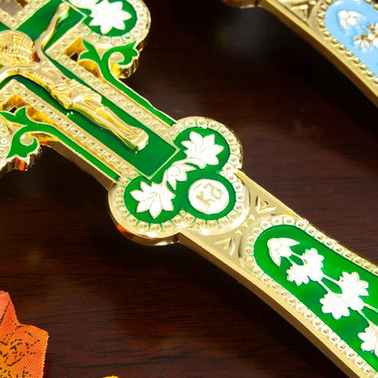 Orthodox Blessing Handheld Church Cross Gold Plated Colorful Enamel Jesus icon, Cross INRI Crucifix Single Face Jesus, HTISOK