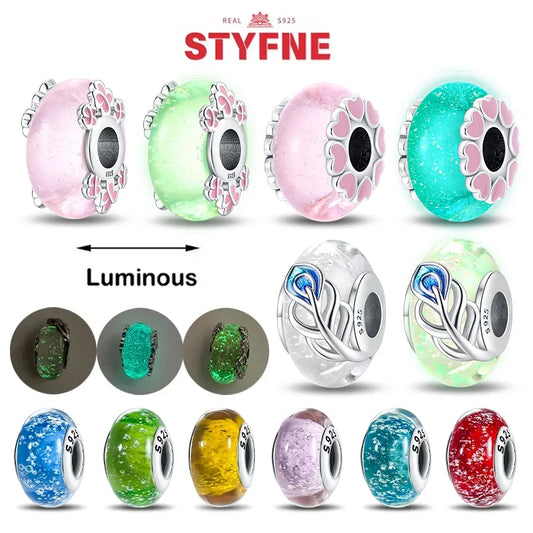 Charm Sterling Silver 925 Colorful Luminous Beads Murano Glass Series Fit Original Bracelet for Women Jewelry DIY Fine Gift