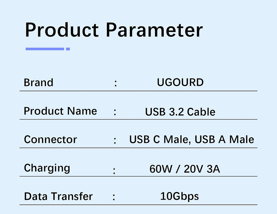 USB3.2 USB3.1 Gen2, 10Gbps Cable, USB-A to USB Type C Cable, 3A 60W Fast Charging, 10G Data Transfer Cord, USB-C for SSD Hard Disk