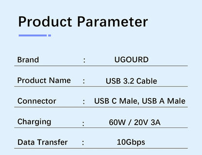USB3.2 USB3.1 Gen2, 10Gbps Cable, USB-A to USB Type C Cable, 3A 60W Fast Charging, 10G Data Transfer Cord, USB-C for SSD Hard Disk