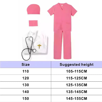7PCS Unisex Doctor Nurse Costume Set for Role Play Pink/Green/Blue Medical Scrubs with Stethoscope Halloween Dress Up Clothes